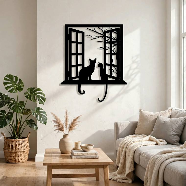 Gatos en la ventana, decoración de pared en MDF