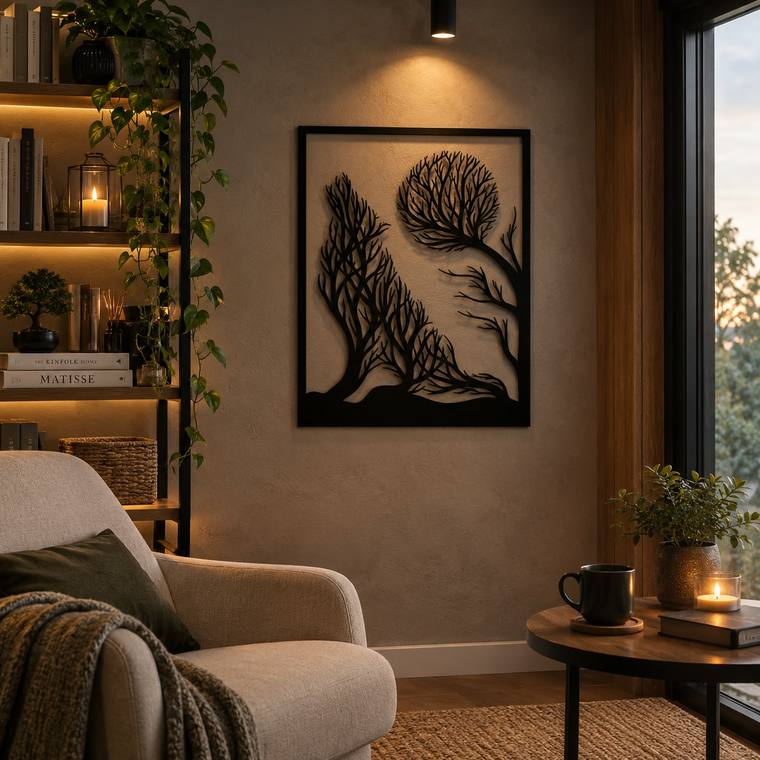 Lobo y árboles, decoración de pared en MDF